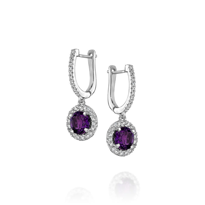 Round prong Set Amethyst Dangle Earrings with Pave Diamond Halo