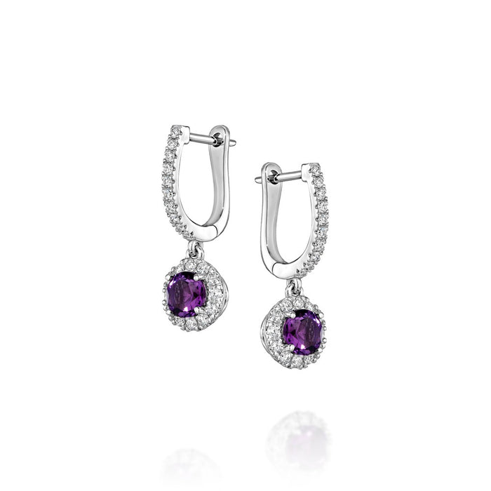 Round prong Set Amethyst Dangle Earrings with Pave Diamond Halo and Lever Backs Gem .91cttw Diamond .40cttw