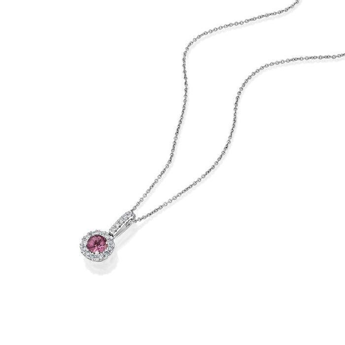 Round prong Set Pink Tourmaline Pendant with Pave Diamond Halo and Bail Gem .38cttw Diamond .18cttw (CHAIN SOLD SEPARATELY)