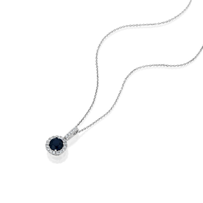Round prong Set Sapphire Pendant with Pave Diamond Halo Gem 1.07cttw Diamond .22cttw (Chain Sold Separately)