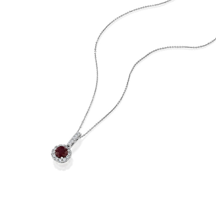 Round prong Set Ruby Pendant with Pave Diamond Halo and Bail Gem .50cttw Diamond .18cttw (Chain Sold Separately)