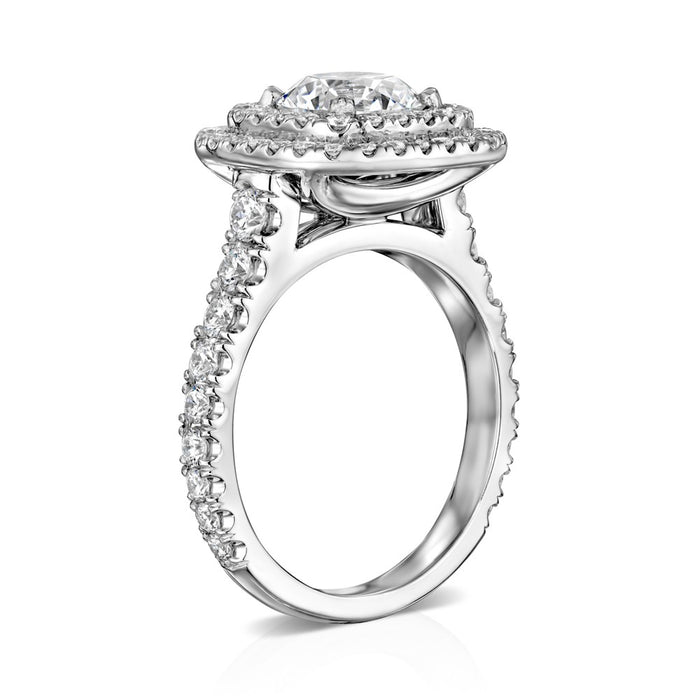 "IJS" Solomon Set 3/4 way engagement ring with cushion shape double halo and 1.75 carat round center. Collection VS diamonds 1.00 ctw