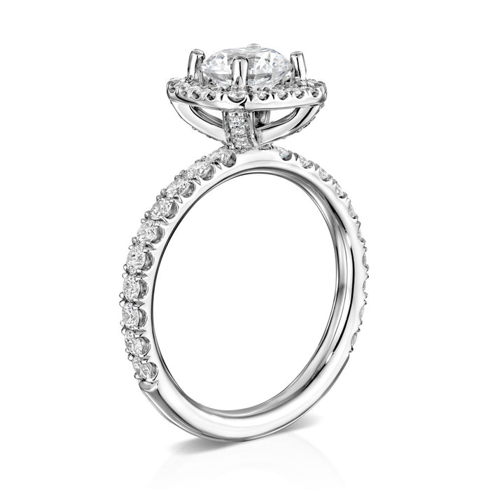 "IJS" Solomon Set 3/4 way engagement ring with tiffany style cushion halo, diamond gallery and 1 carat round center. Collection VS diamonds .83 ctw