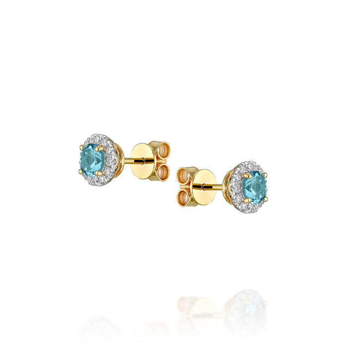 Round prong Set Blue Topaz Stud Earrings with Pave Diamond Halo Gem 1.39cttw Diamond .38cttw