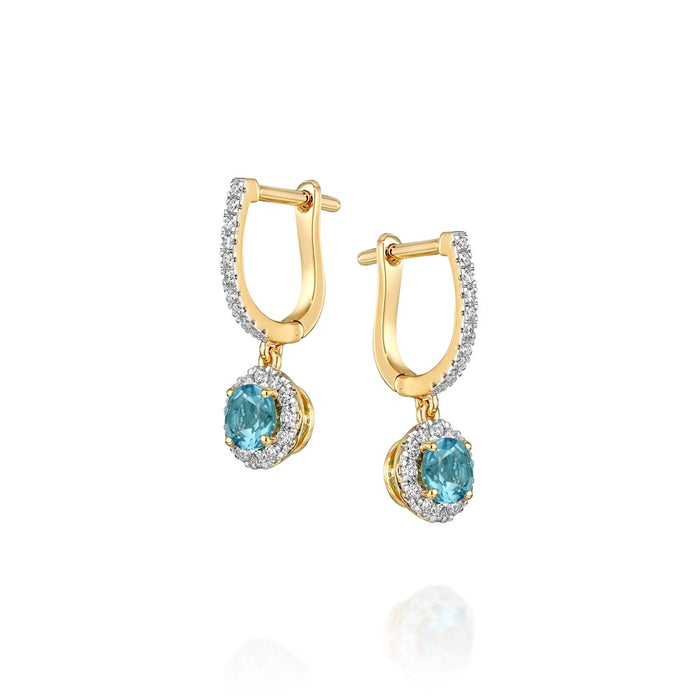 Round prong Set Blue Topaz Dangle Earrings with Pave Diamond Halo and Lever Backs Gem 1.22cttw Diamond .40cttw