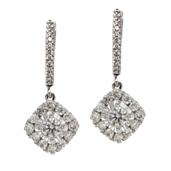 Pave Diamond Accented Hinge Hoop Earrings with Cushion Shape Diamond Drops
