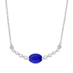 Stationary Round Diamond and Oval Blue Sapphire Center Curved Bar Necklace