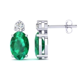 Birthstone Collection Round Diamond and Oval Green Emerald Drop Earrings