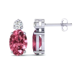 Birthstone Collection Round Diamond and Oval Pink Tourmaline Drop Earrings