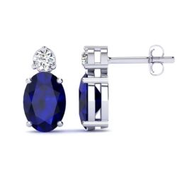 Birthstone Collection Round Diamond and Oval Blue Sapphire Drop Earrings