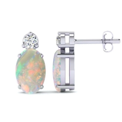 Birthstone Collection Round Diamond and Oval Opal Drop Earrings