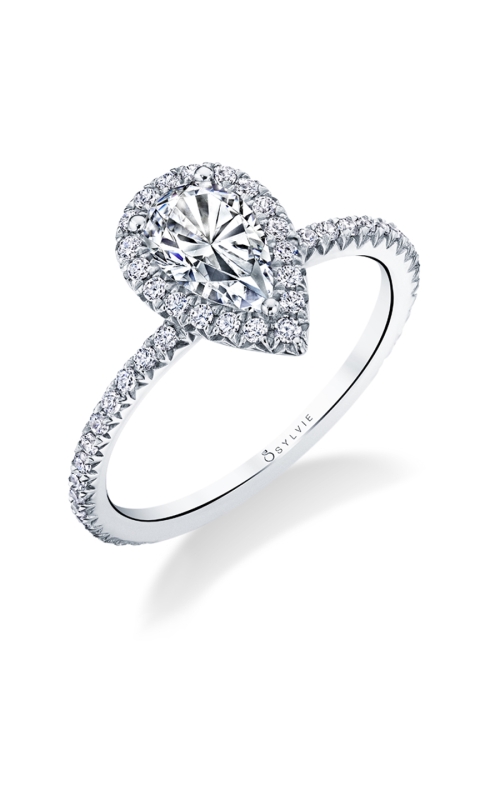 Pear Shaped Pave Halo Diamond Engagement Ring with Pave Diamond Accented Band