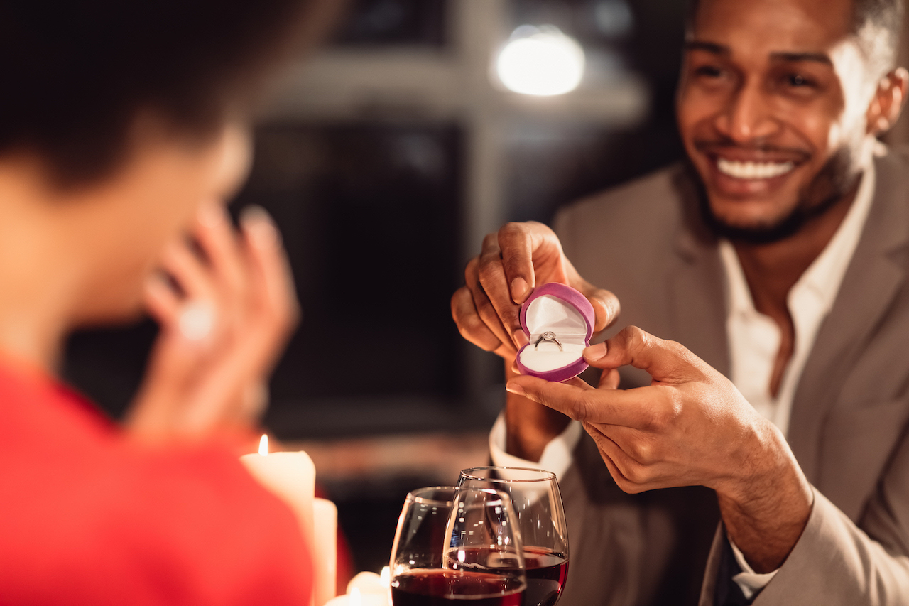 man proposing on new year's at restaurant